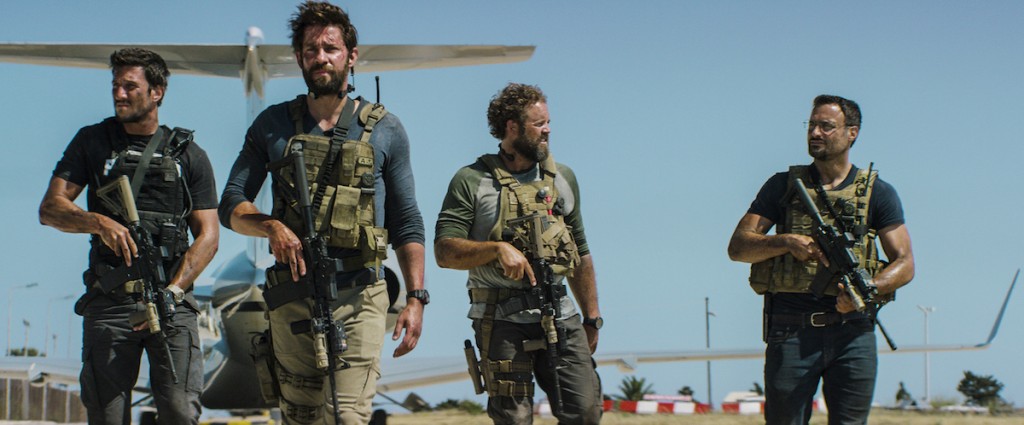 Left to Right: Pablo Schreiber plays Kris "Tanto" Paronto, John Krasinski plays Jack Silva, David Denman plays Dave "Boon" Benton and Dominic Fumusa plays John "Tig" Tiegen in 13 Hours: The Secret Soldiers of Benghazi from Paramount Pictures and 3 Arts Entertainment / Bay Films in theatres January 15, 2016.