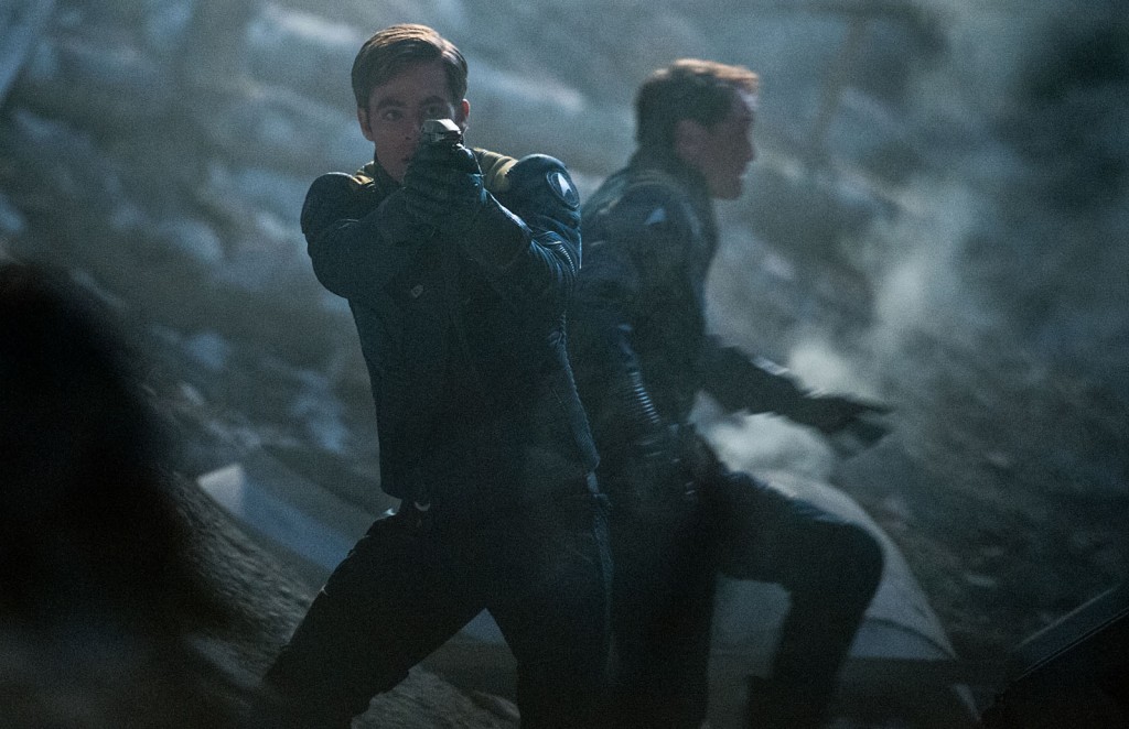 Left to right: Chris Pine plays Captain James T. Kirk and Anton Yelchin plays Chekov in Star Trek Beyond from Paramount Pictures, Skydance, Bad Robot, Sneaky Shark and Perfect Storm Entertainment